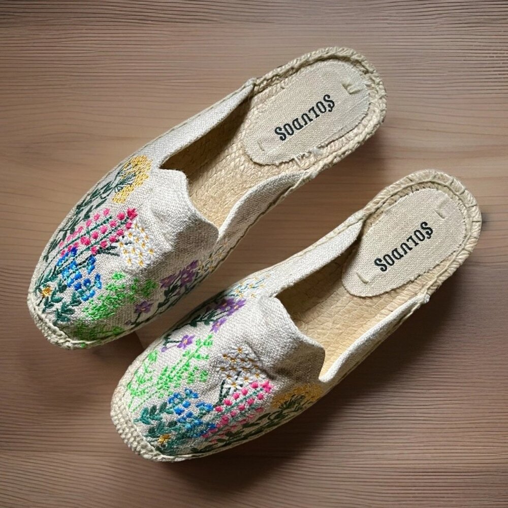 SOLUDOS Anthropologie Wildflowers Espadrille Mules Embroidery Boho Chic SZ 5.5